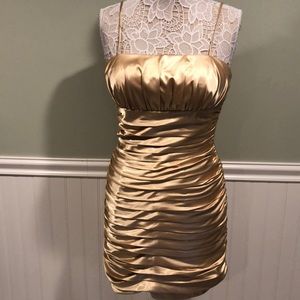 Aspeed USA Gold Satin Ruched Wiggle Cocktail Dress